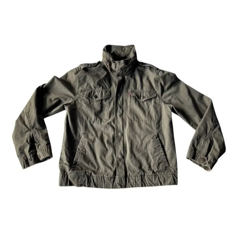 Vintage Levi’s Men's Sz M Olive Green Military Jacket Full Zip Front Zip Hood